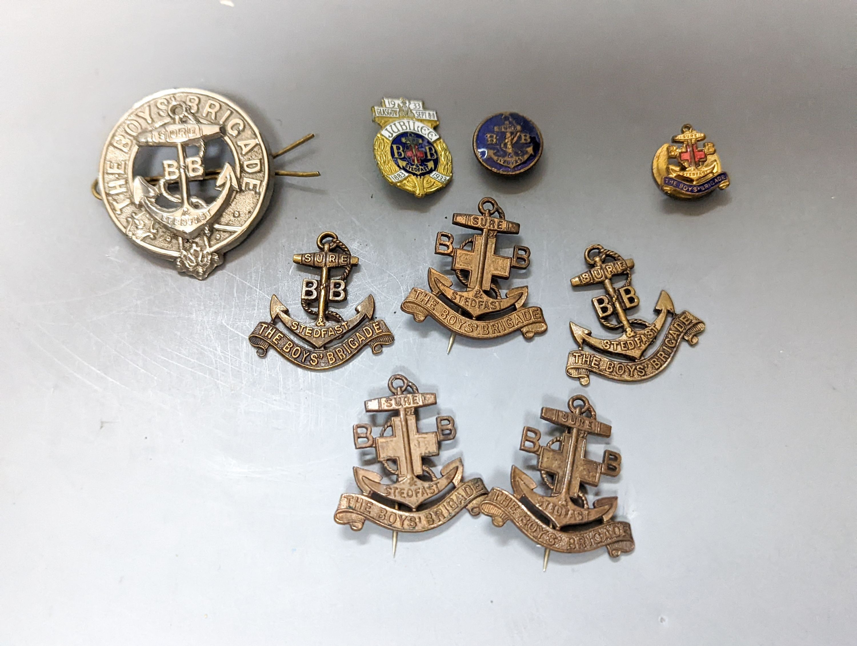 Three rare incendiary cartridge cut always, a beret with rare Royal Engineers officer's bullion wire '9-flame' cap badge, ARP bell dated '39 and various Boys Brigade cap badges